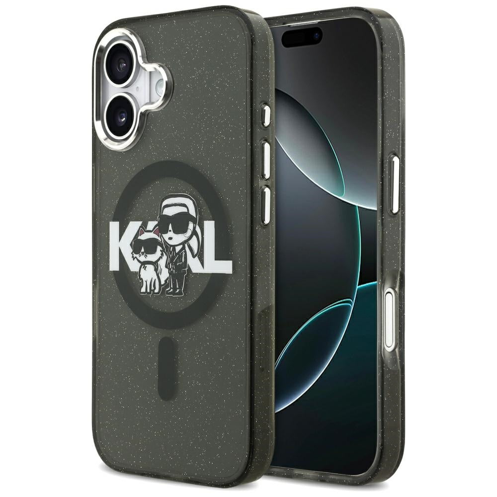 MagSafe Hülle für Apple iPhone 17, Karl Lagerfeld, IML Sketch Logo Glitter Karl & Choupette, Schwarz