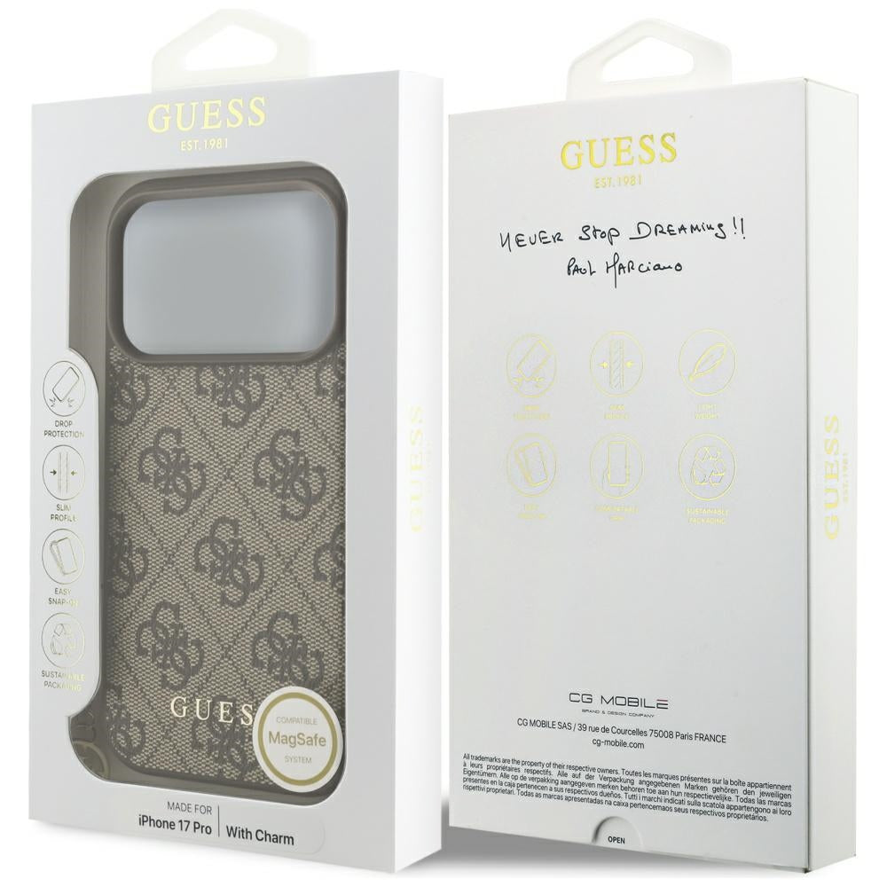 MagSafe Hülle für Apple iPhone 17 Pro, Guess, 4G Charm Cradle, Braun