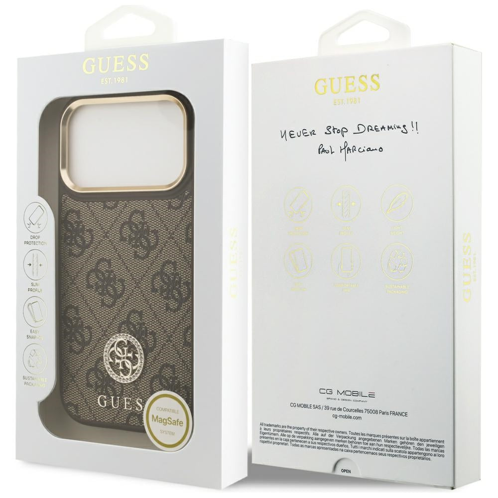 MagSafe Hülle für Apple iPhone 17 Pro, Guess, 4G Strass Logo, Braun