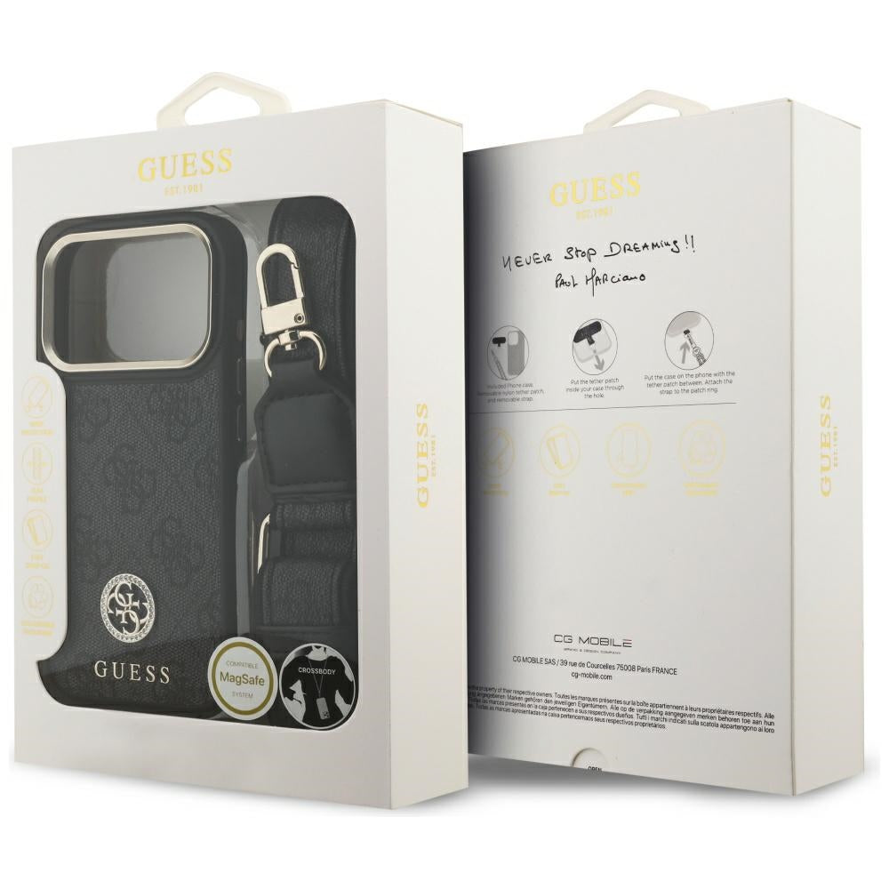 MagSafe Hülle für Apple iPhone 17 Pro, Guess, 4G Strass Logo mit großem Band, Schwarz