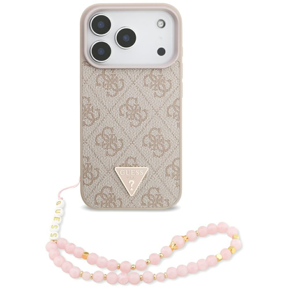 MagSafe Hülle für Apple iPhone 17 Pro, Guess, 4G Triangle Logo mit Perlenband, Rosa
