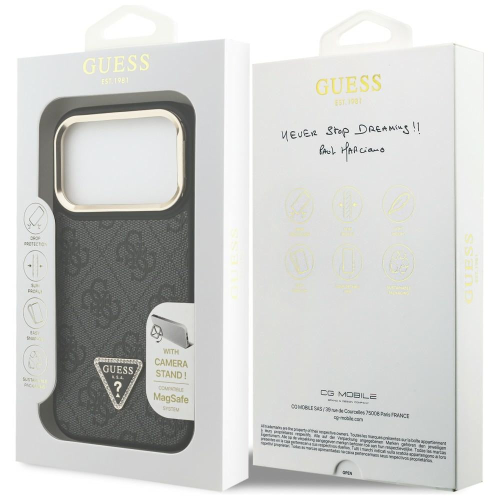 MagSafe Hülle für Apple iPhone 17 Pro, Guess, 4G Triangle Logo mit Kameraständer, Schwarz Gold