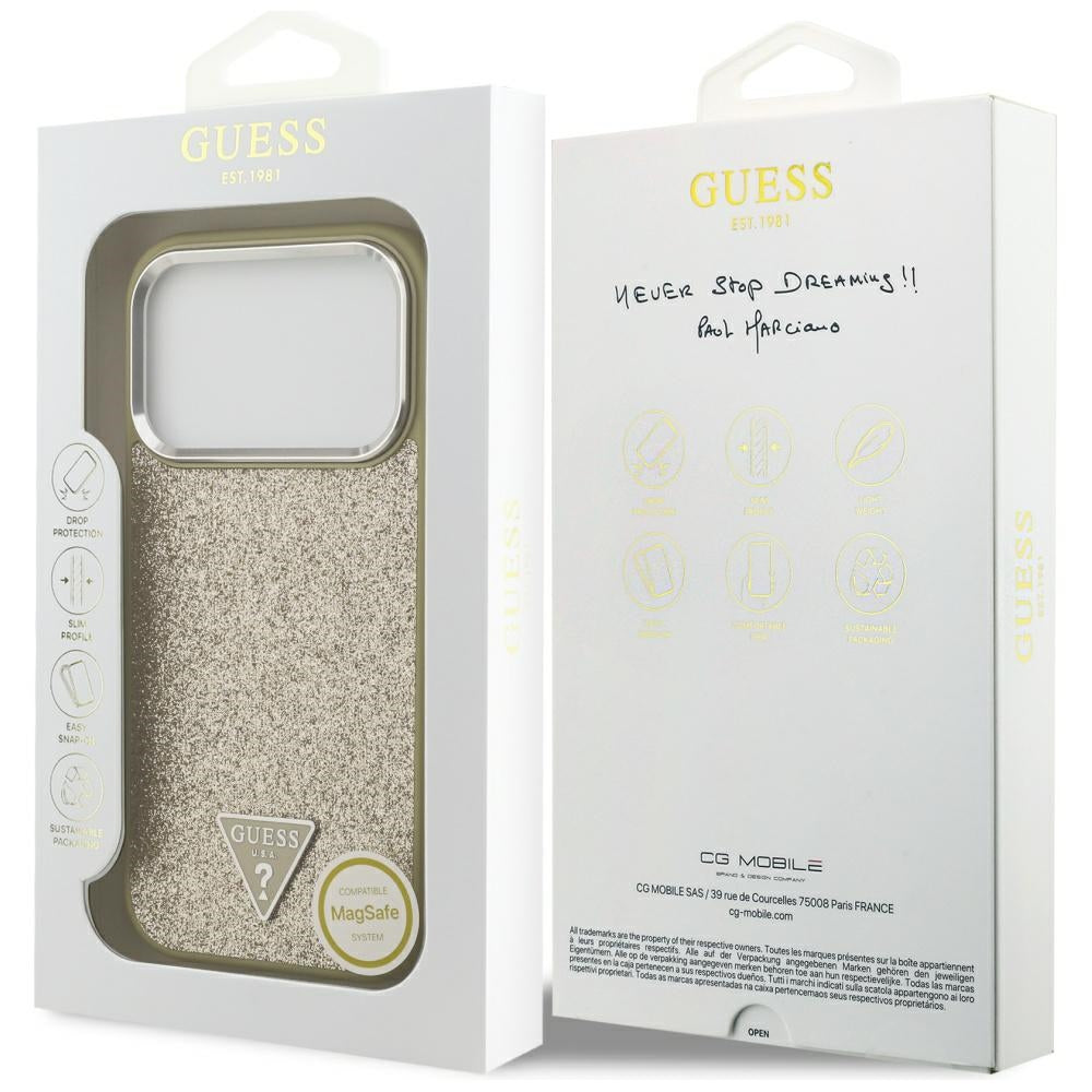 MagSafe Hülle für Apple iPhone 17 Pro, Guess, Glitter Triangle Logo, Gold