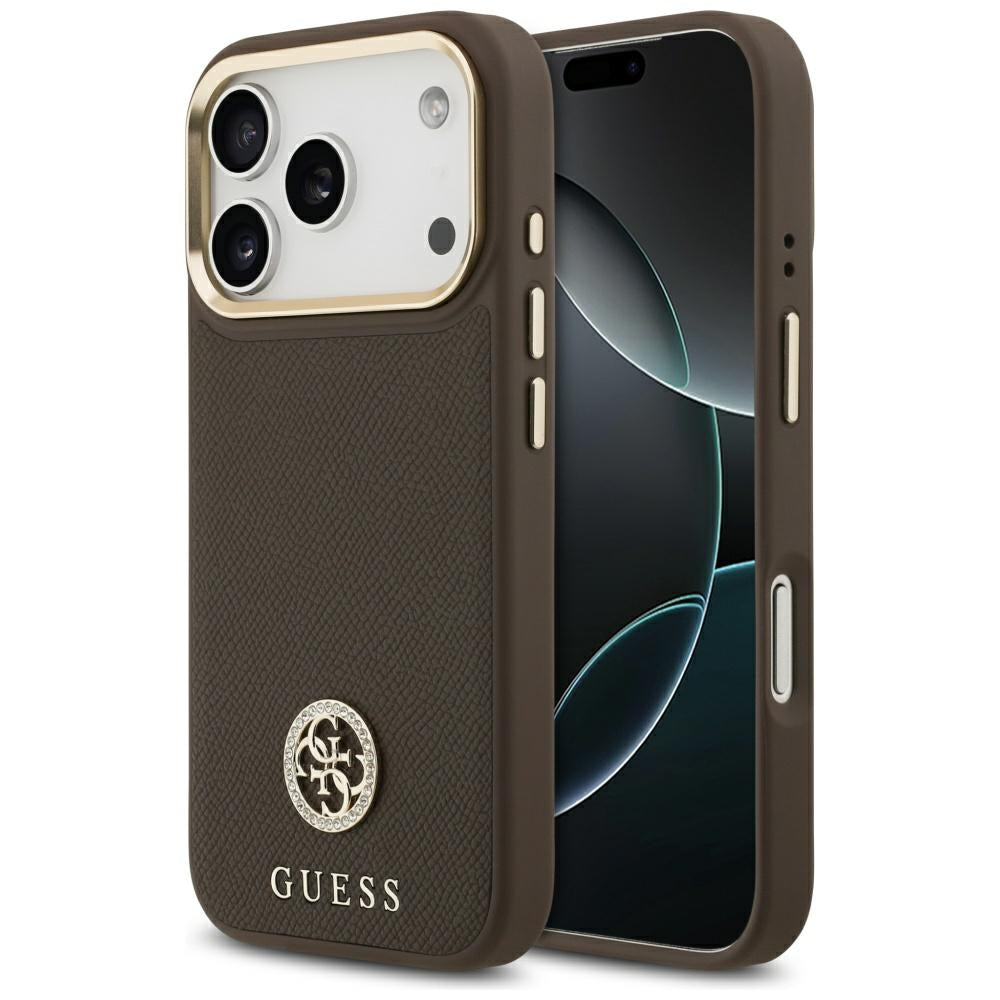 MagSafe Hülle für Apple iPhone 17 Pro, Guess, Grained Strass Logo, Braun