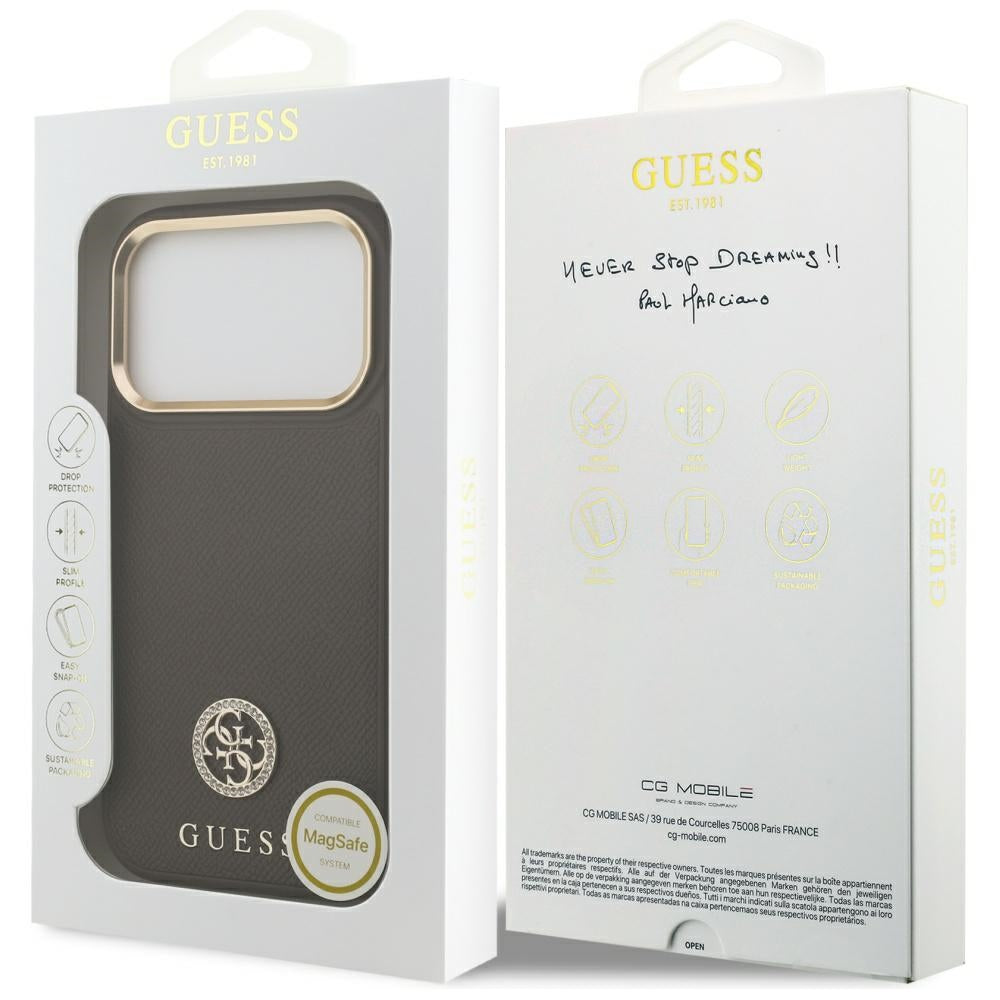MagSafe Hülle für Apple iPhone 17 Pro, Guess, Grained Strass Logo, Braun