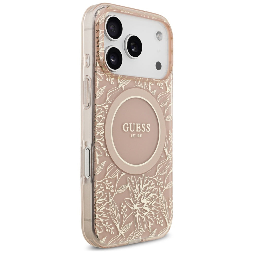 MagSafe Case for Apple iPhone 17 Pro, Guess, IML Flowers Allover Electroplated with Pearl Strap, Pink