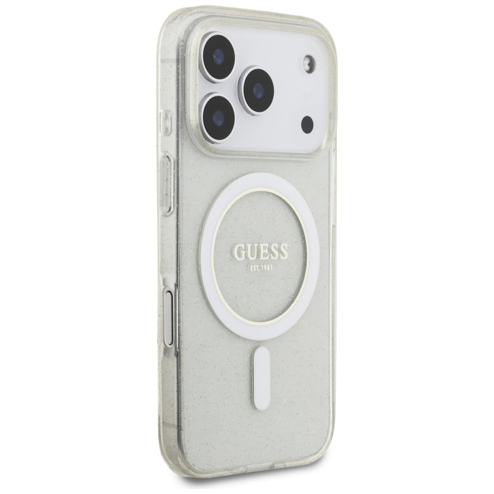 MagSafe Hülle für Apple iPhone 17 Pro, Guess, IML Glitter mit Perlengurt, Transparent