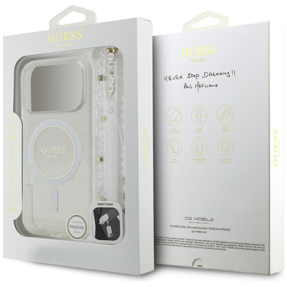 MagSafe Hülle für Apple iPhone 17 Pro, Guess, IML Glitter mit Perlengurt, Transparent