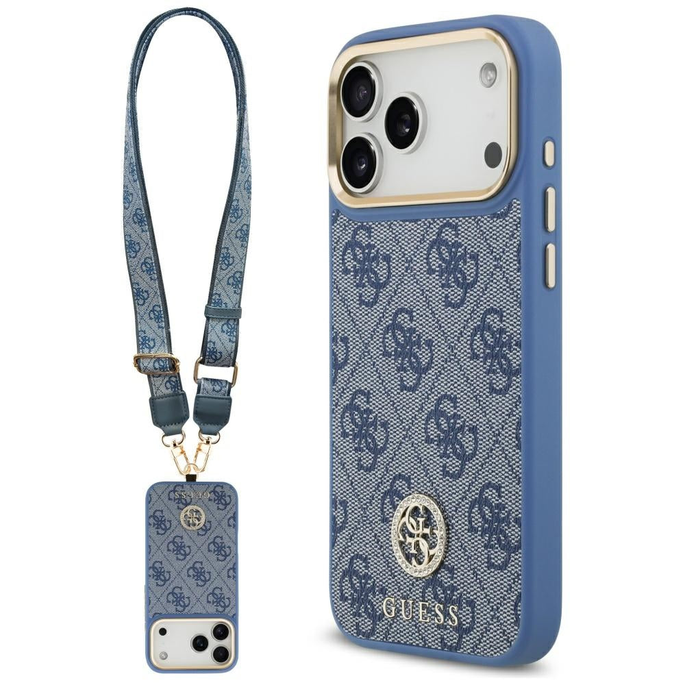 MagSafe Case for Apple iPhone 17 Pro Max, Guess, 4G Strass Logo with Big Strap, Blue