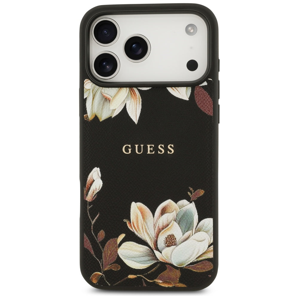 MagSafe Hülle für Apple iPhone 17 Pro Max, Guess, Grained Flowers, Schwarz