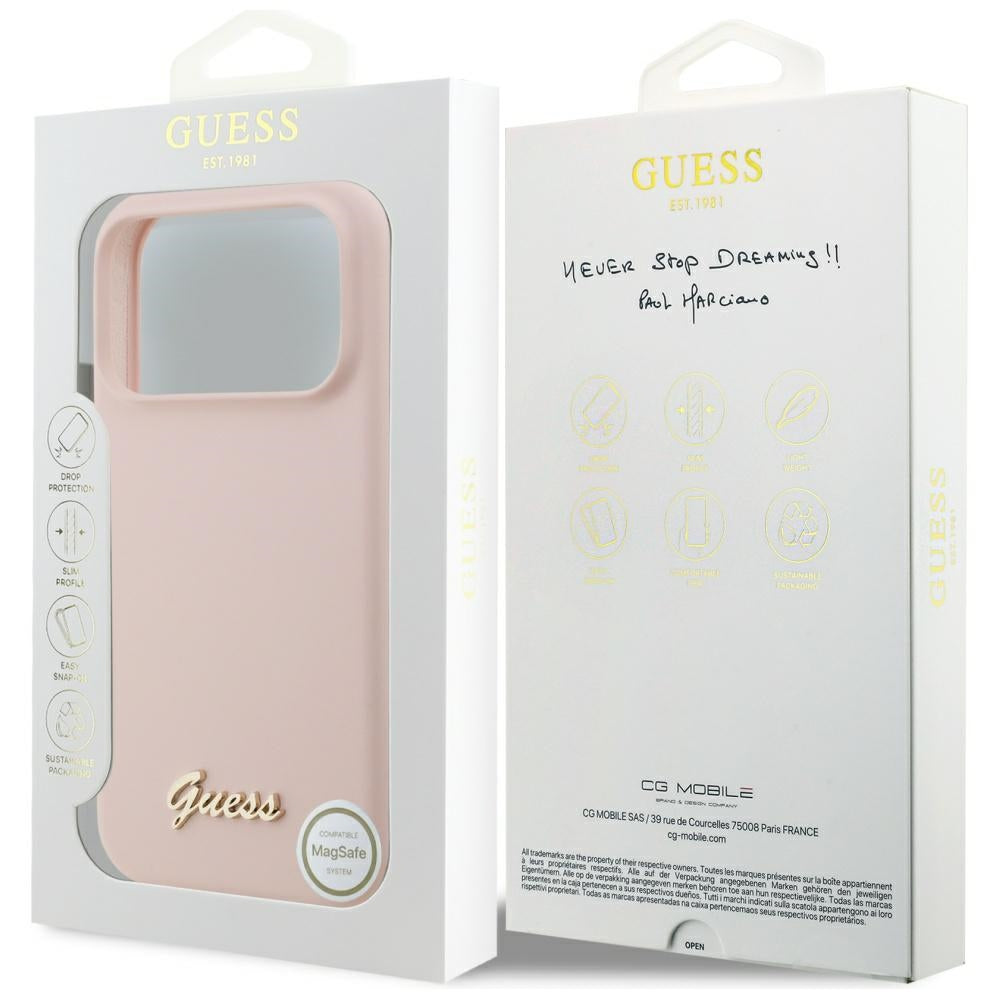 MagSafe Hülle für Apple iPhone 17 Pro Max, Guess, Script Metal Logo, Hellrosa
