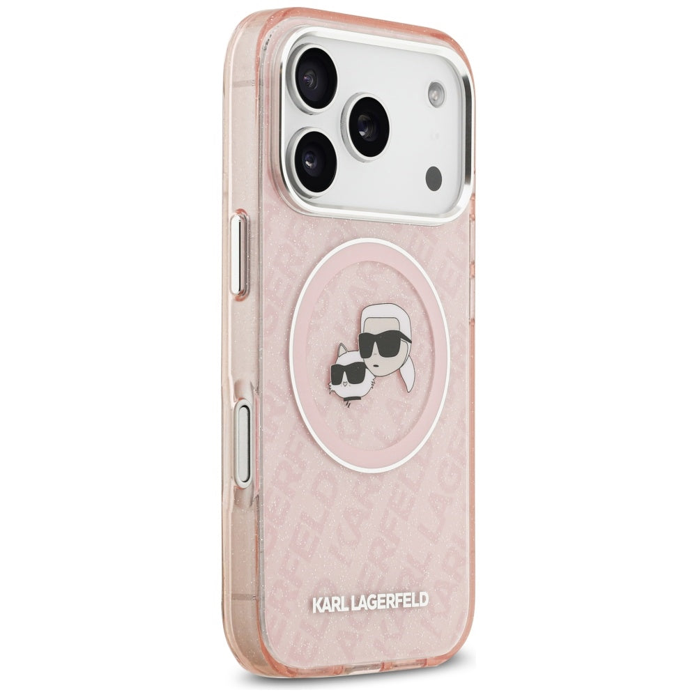 MagSafe Hülle für Apple iPhone 17 Pro Max, Karl Lagerfeld, Glitter Karl & Choupette Head, Rosa