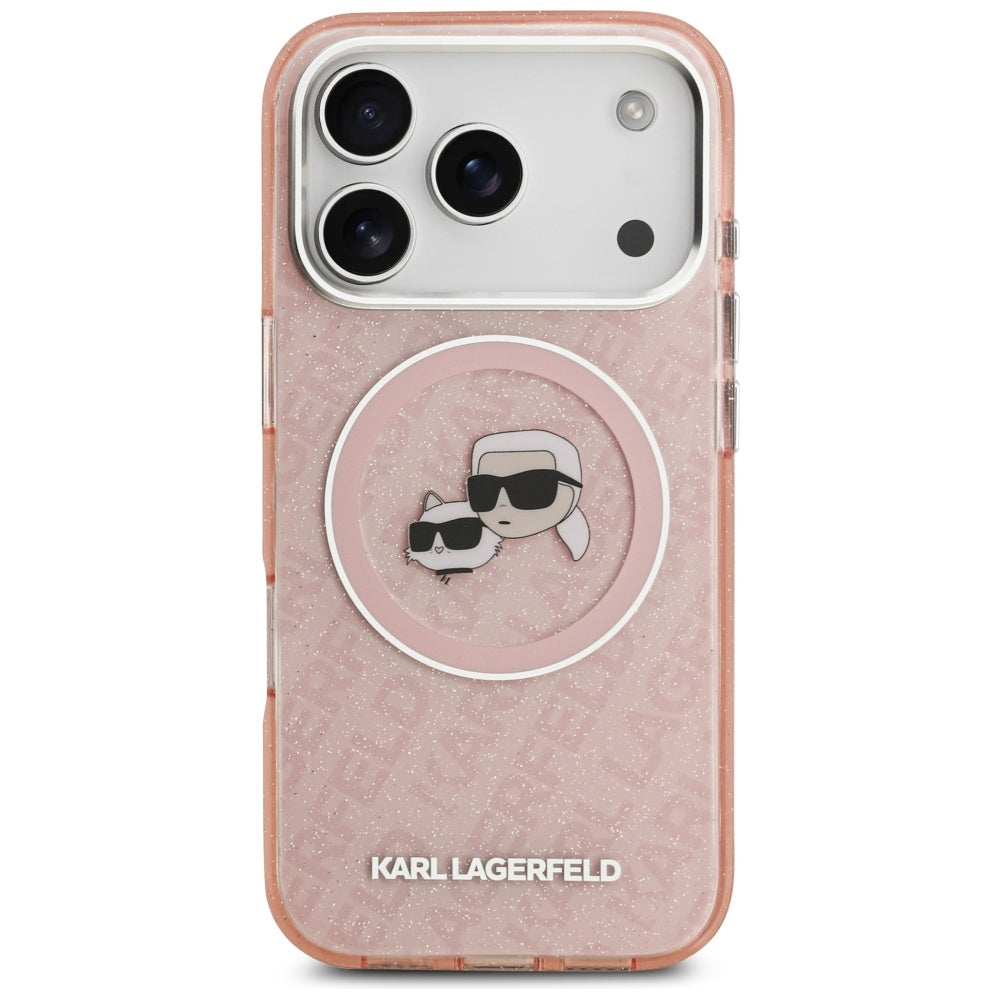 MagSafe Hülle für Apple iPhone 17 Pro Max, Karl Lagerfeld, Glitter Karl & Choupette Head, Rosa