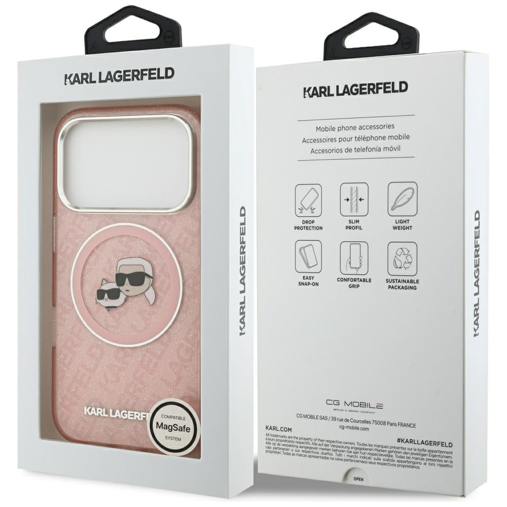 MagSafe Hülle für Apple iPhone 17 Pro Max, Karl Lagerfeld, Glitter Karl & Choupette Head, Rosa
