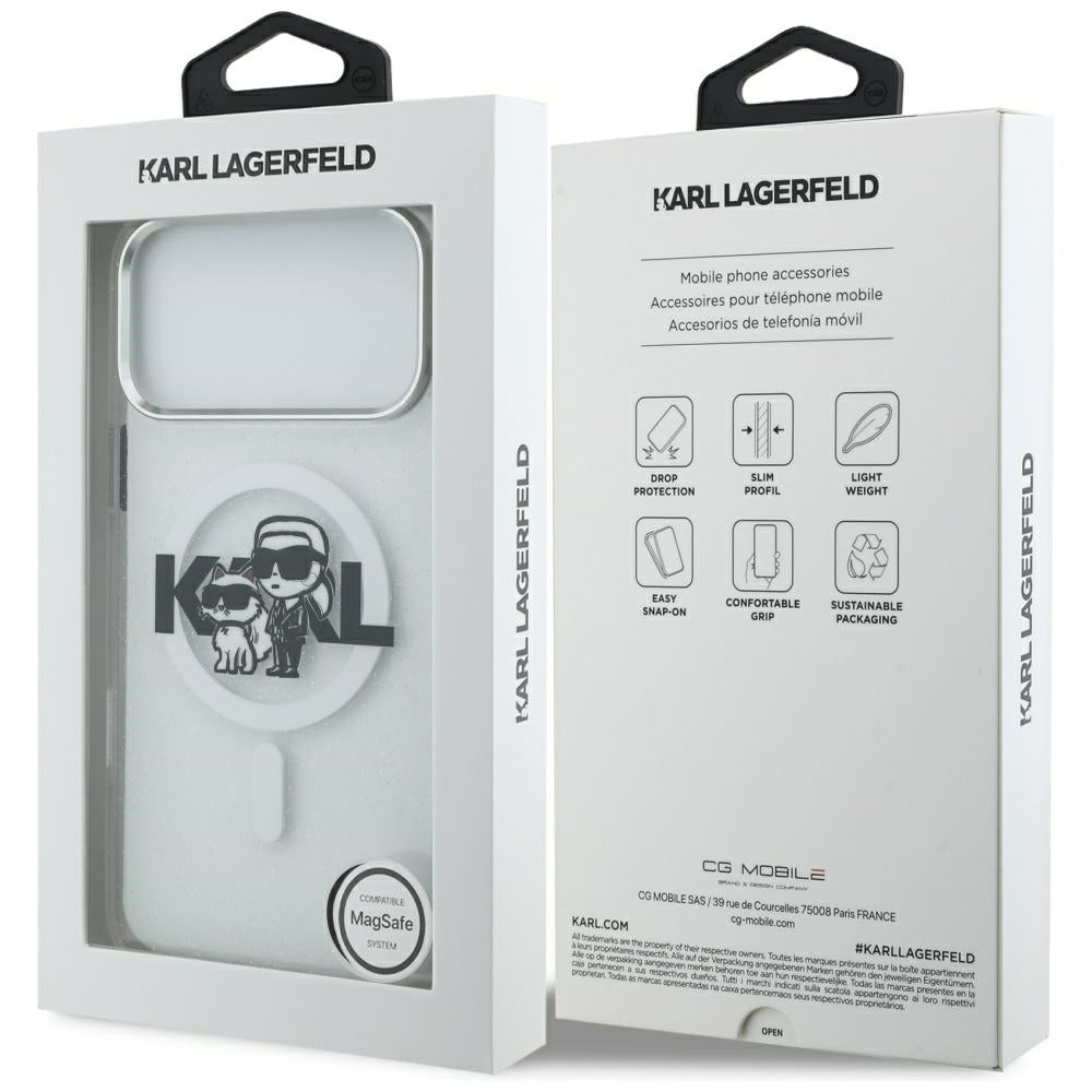 MagSafe Case for Apple iPhone 17 Pro Max, Karl Lagerfeld, IML Sketch Logo Glitter Karl & Choupette, Transparent