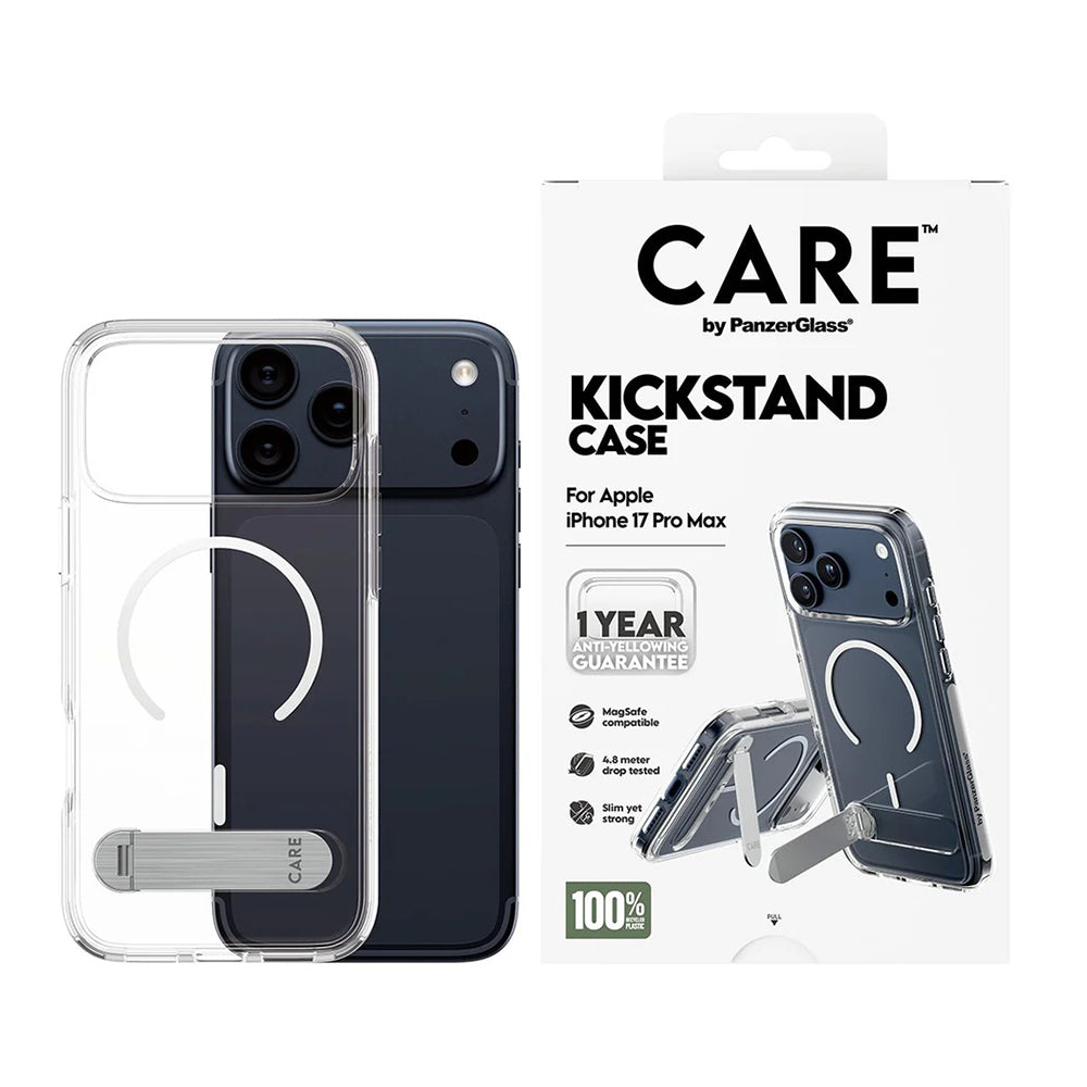 MagSafe Case for Apple iPhone 17 Pro Max, PanzerGlass, Care Feature Kickstand, White Transparent
