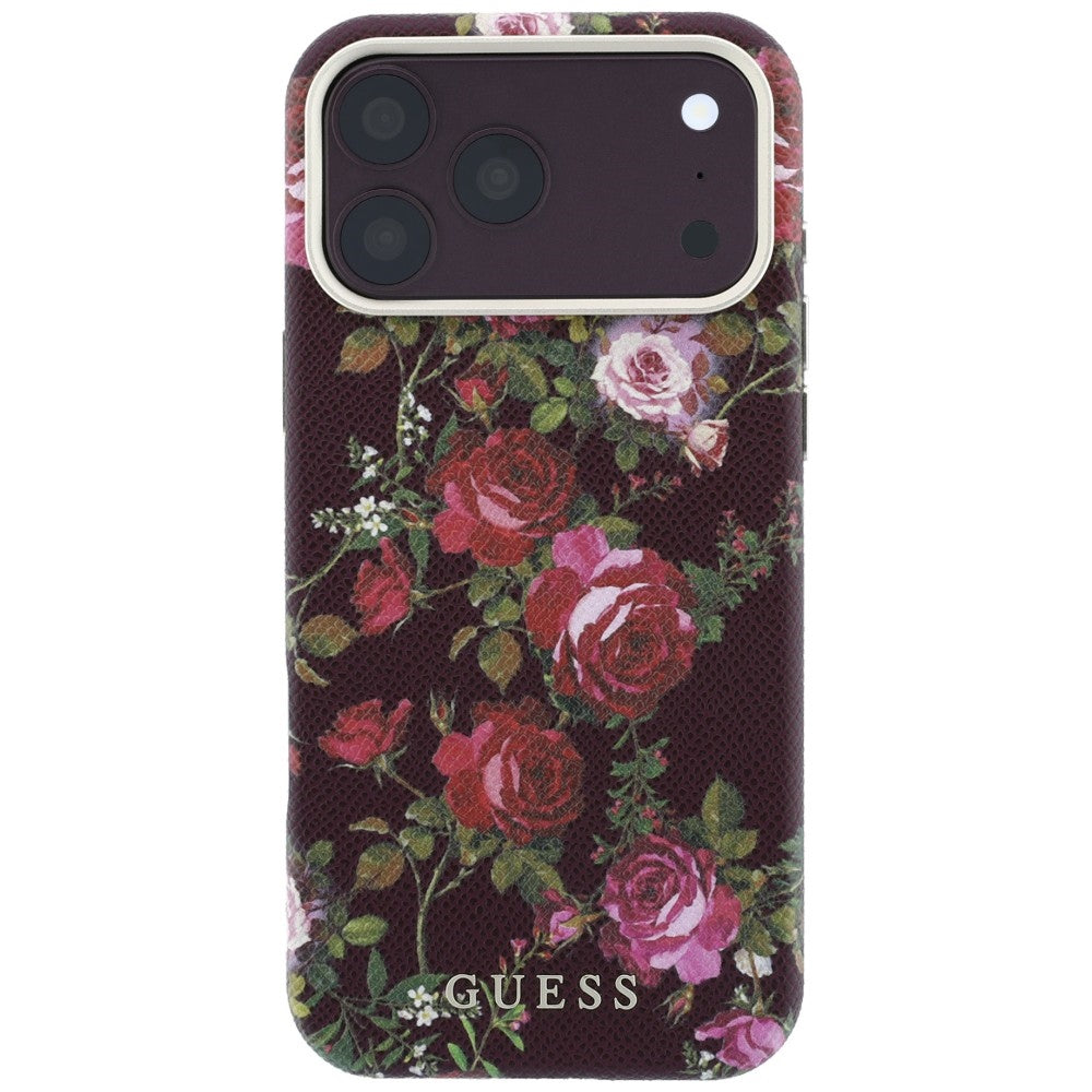 MagSafe-Hülle für Apple iPhone 18 Pro / 17 Pro, Guess, Blossom Roses Print, Weinrot
