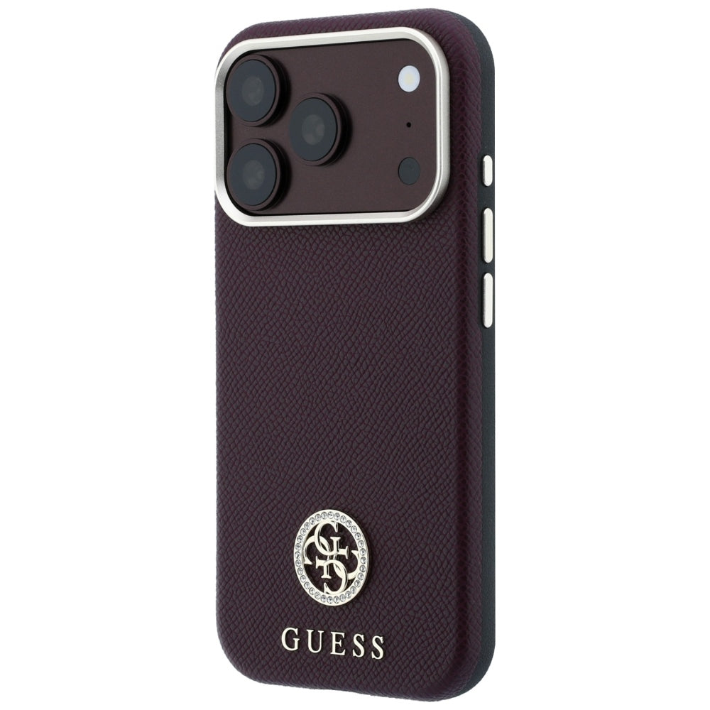 MagSafe-Hülle für Apple iPhone 18 Pro / 17 Pro, Guess, genarbtes rundes Strass-Logo, Weinrot