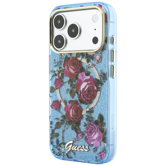 MagSafe-Hülle für Apple iPhone 18 Pro / 17 Pro, Guess, IML Glitter Blossom Roses, Blau