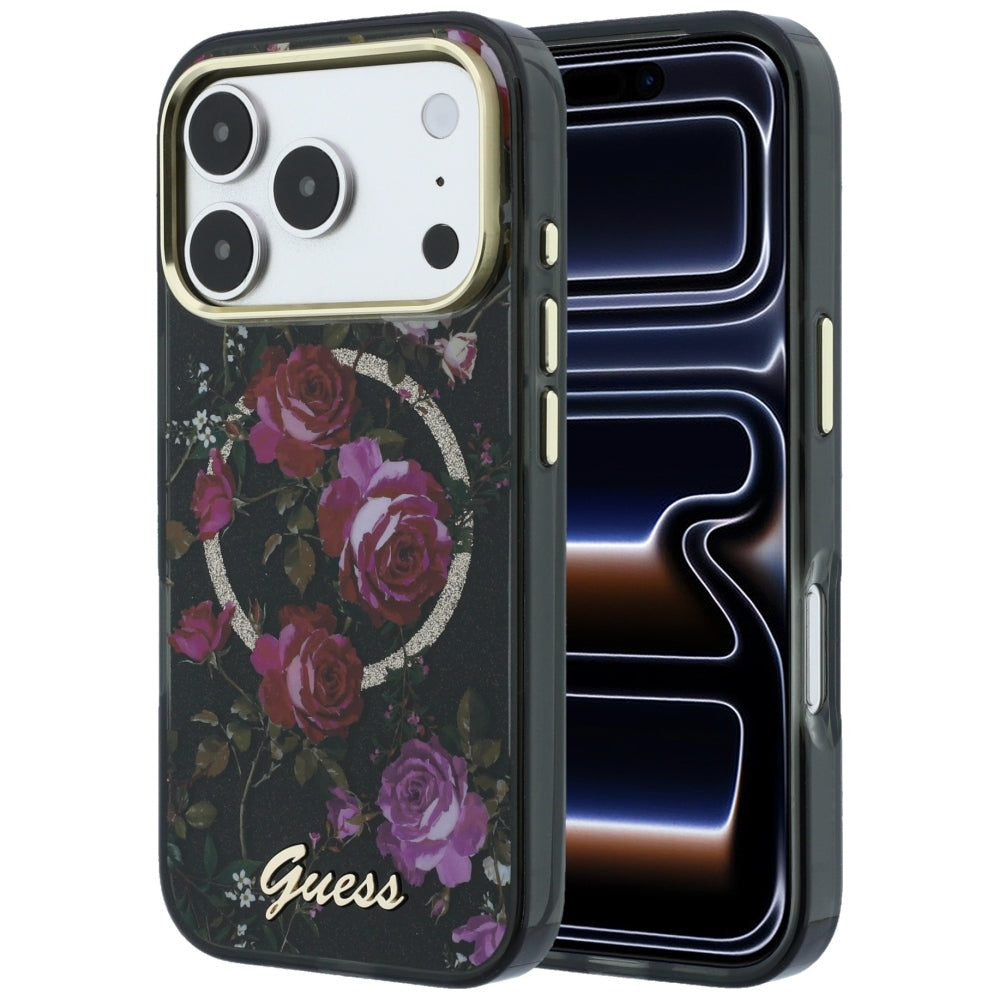 MagSafe-Hülle für Apple iPhone 18 Pro / 17 Pro, Guess, IML Glitter Blossom Roses, Schwarz