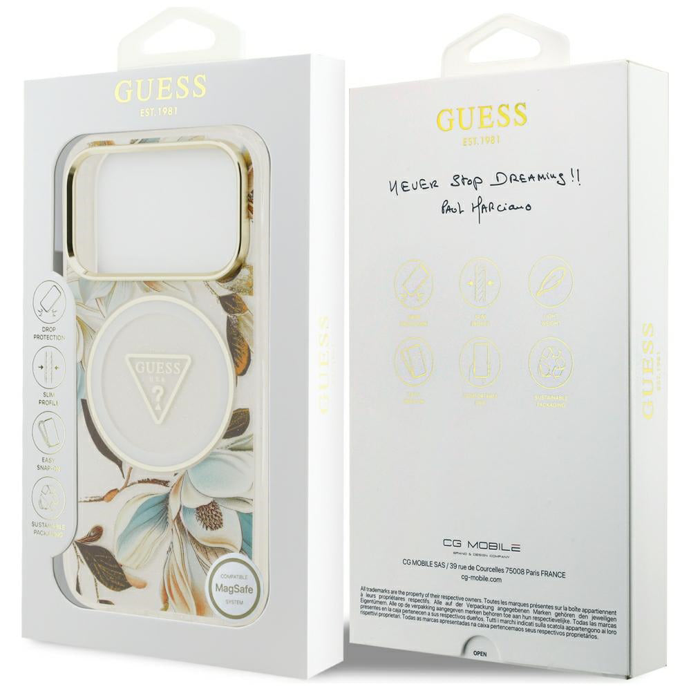 MagSafe Case for Apple iPhone 18 Pro / 17 Pro, Guess, IML Metal Glitter Flowers Triangle, White