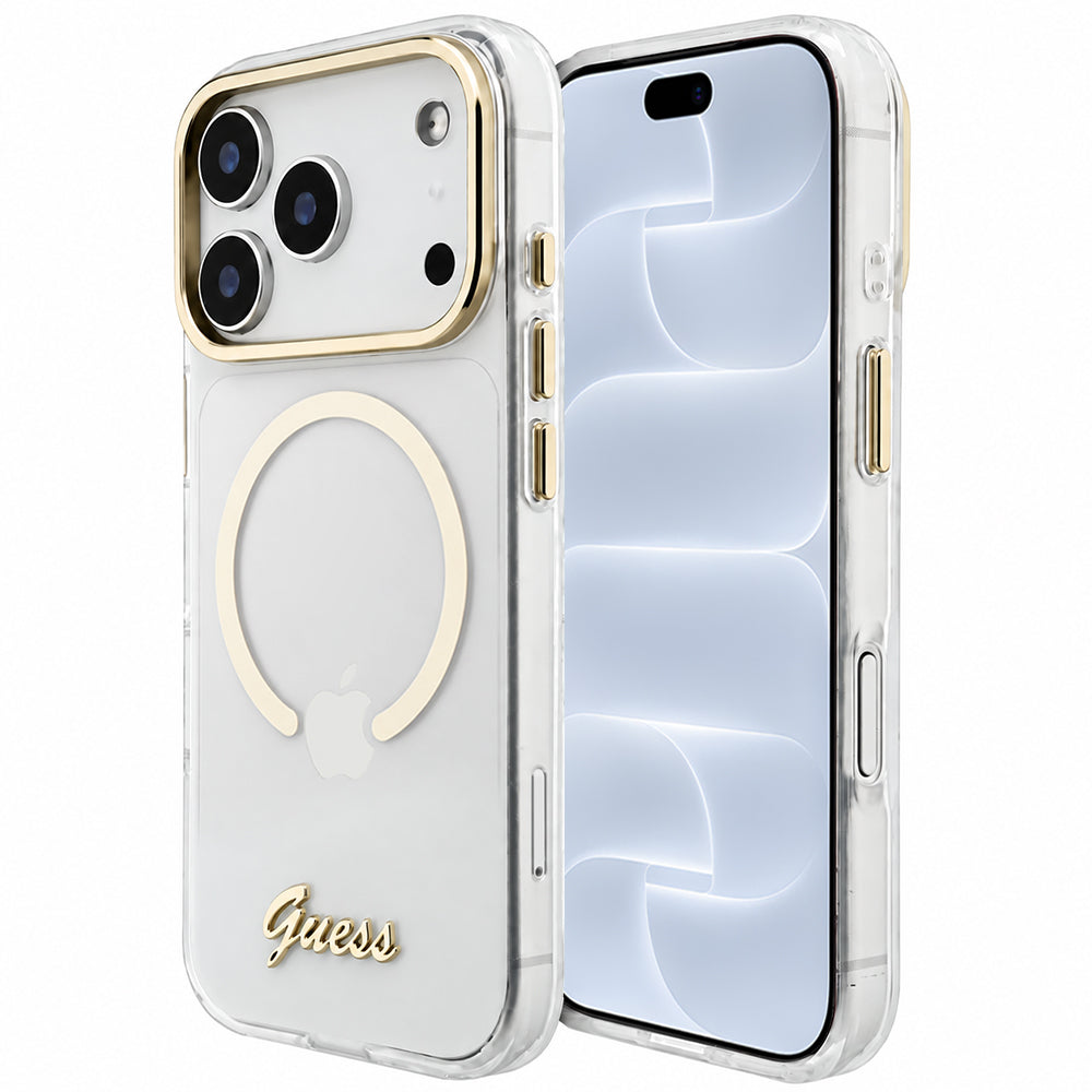 MagSafe-Hülle für Apple iPhone 18 Pro / 17 Pro, Guess, IML Script Metal, transparent