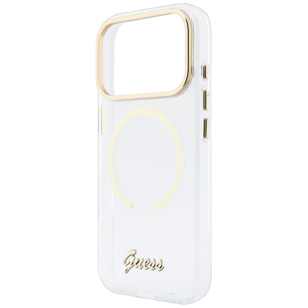 MagSafe-Hülle für Apple iPhone 18 Pro / 17 Pro, Guess, IML Script Metal, transparent