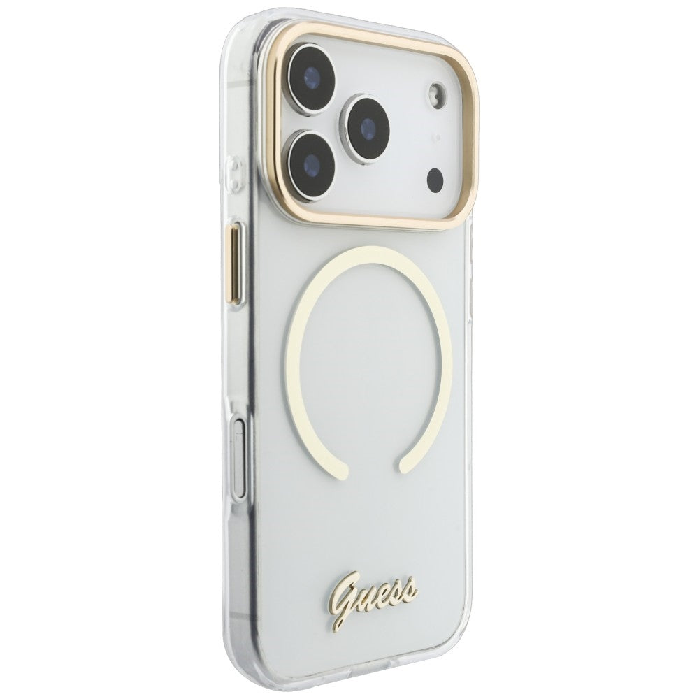 MagSafe-Hülle für Apple iPhone 18 Pro / 17 Pro, Guess, IML Script Metal, transparent