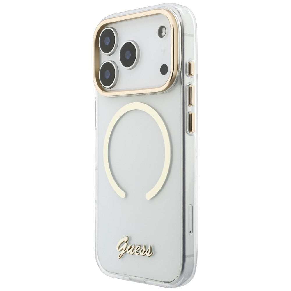 MagSafe-Hülle für Apple iPhone 18 Pro / 17 Pro, Guess, IML Script Metal, transparent