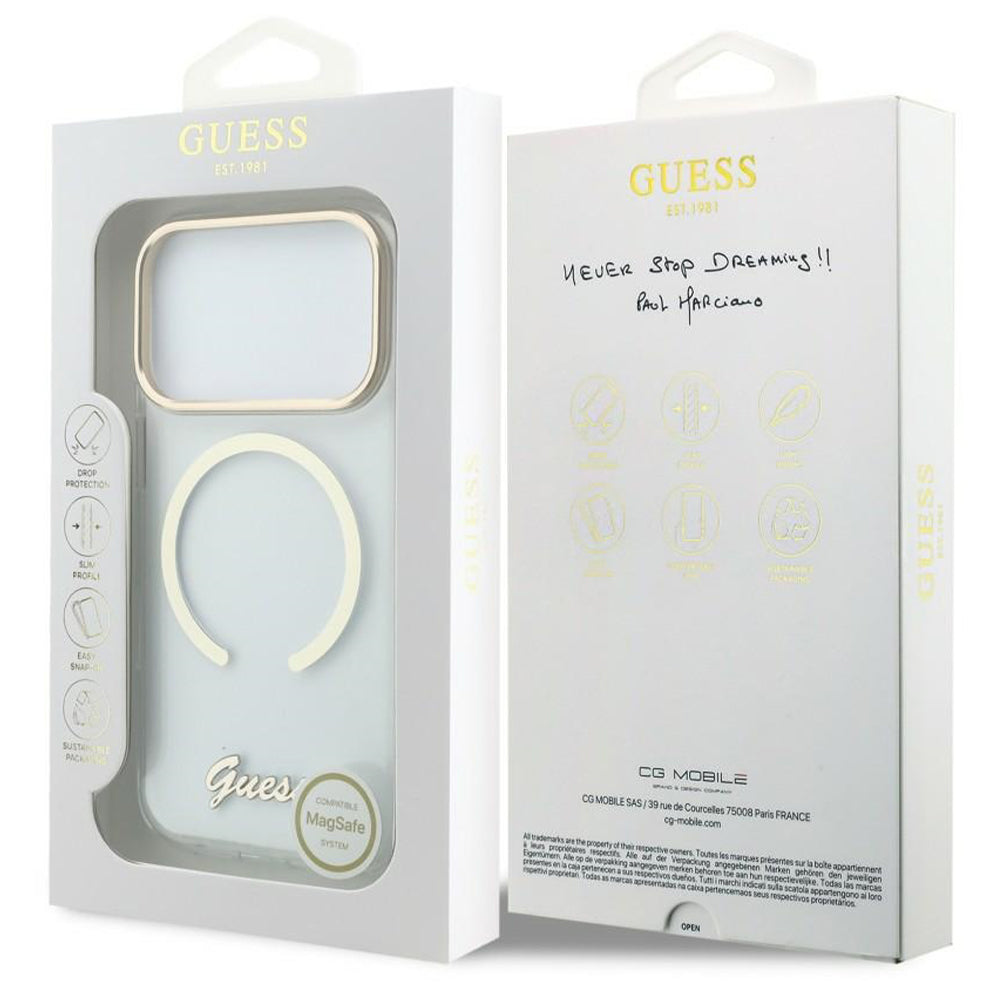 MagSafe-Hülle für Apple iPhone 18 Pro / 17 Pro, Guess, IML Script Metal, transparent