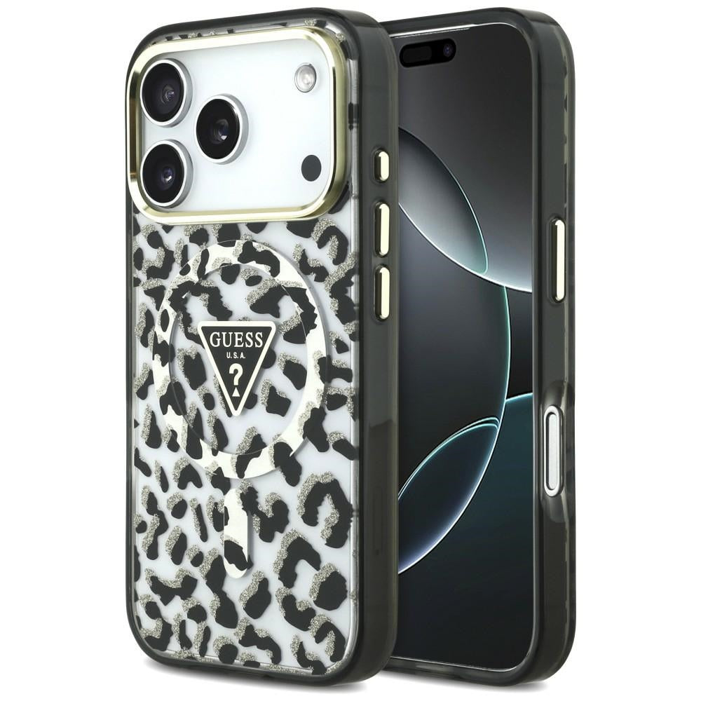 MagSafe-Hülle für Apple iPhone 18 Pro / 17 Pro, Guess, Leopard Glitter Dreieck Logo, Schwarz