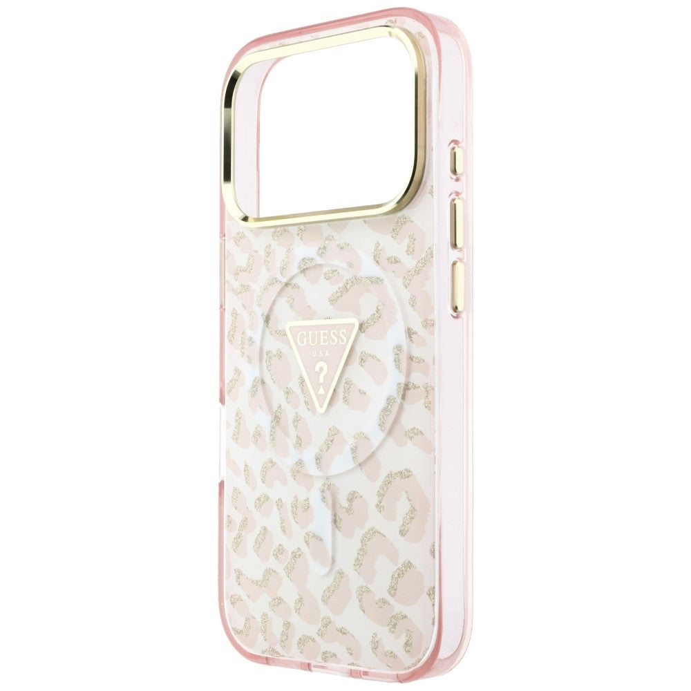 MagSafe-Hülle für Apple iPhone 18 Pro / 17 Pro, Guess, Leopard Glitter Dreieck Logo, Rosa