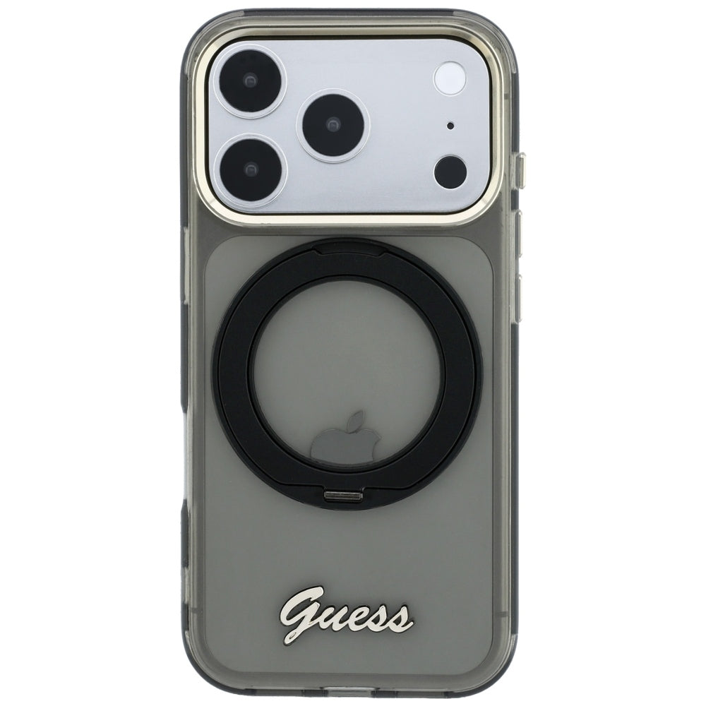 MagSafe-Hülle für Apple iPhone 18 Pro / 17 Pro, Guess, Ring Stand Script Metall-Logo, Schwarz