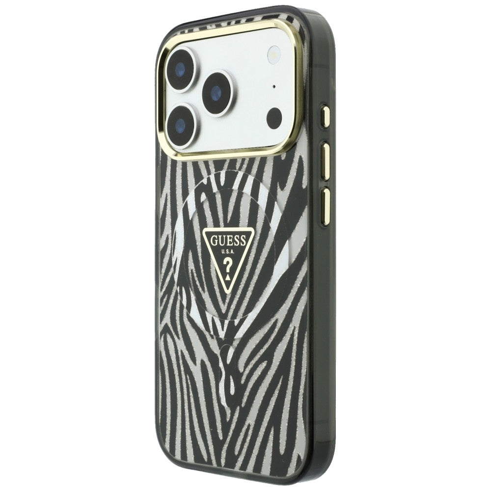 MagSafe-Hülle für Apple iPhone 18 Pro / 17 Pro, Guess, Zebra Glitter Dreieck Logo, Silber