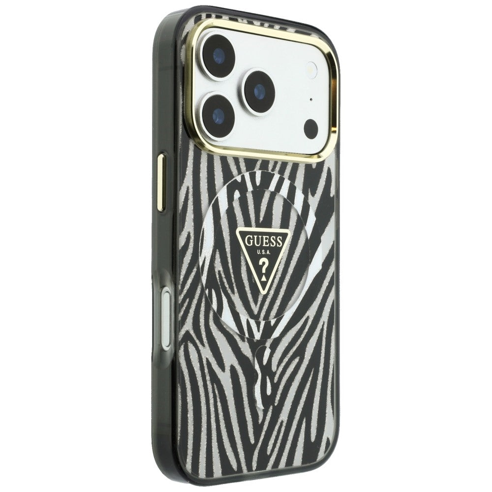 MagSafe-Hülle für Apple iPhone 18 Pro / 17 Pro, Guess, Zebra Glitter Dreieck Logo, Silber