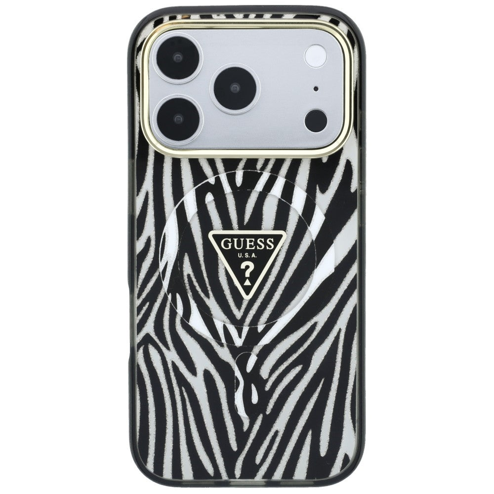 MagSafe-Hülle für Apple iPhone 18 Pro / 17 Pro, Guess, Zebra Glitter Dreieck Logo, Silber