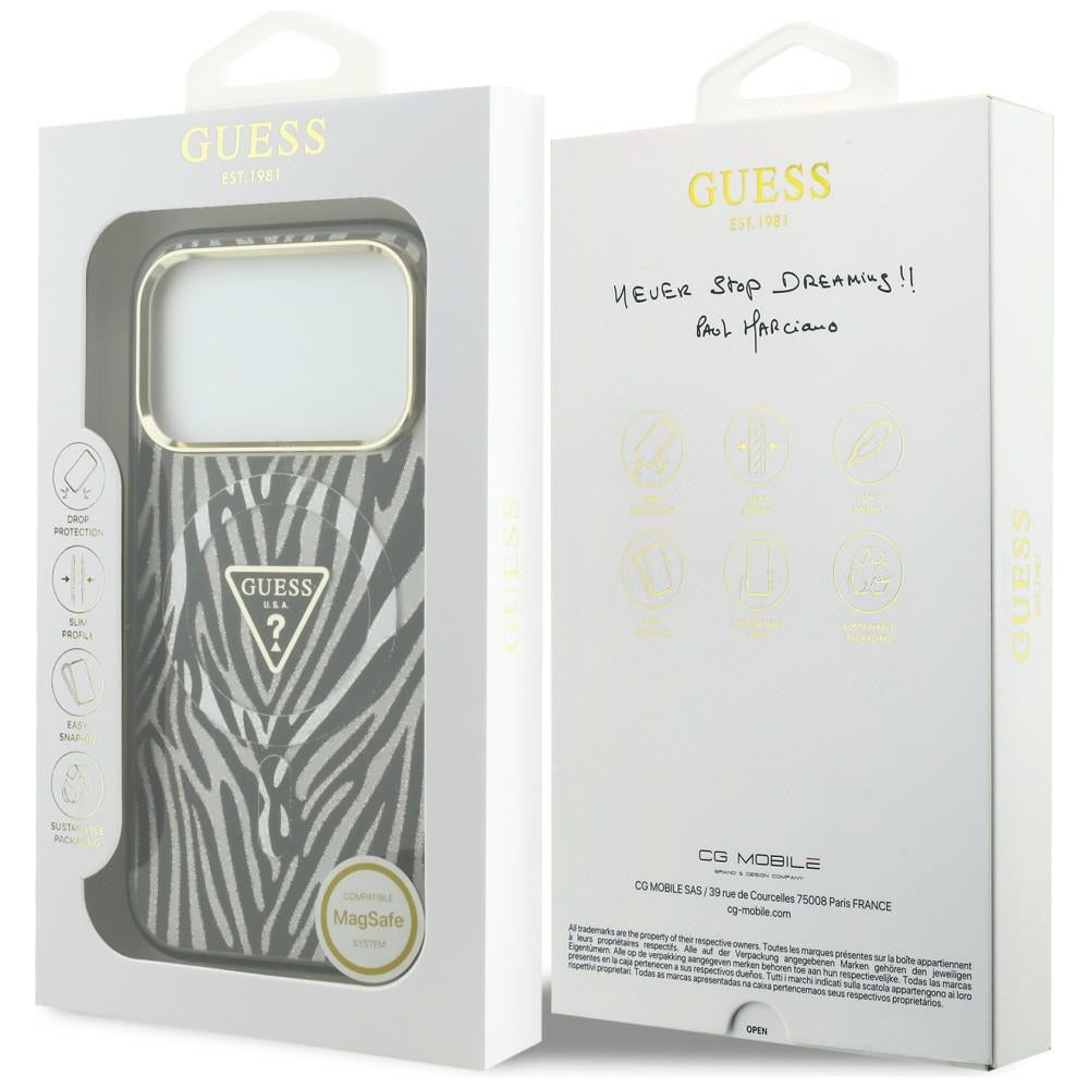 MagSafe-Hülle für Apple iPhone 18 Pro / 17 Pro, Guess, Zebra Glitter Dreieck Logo, Silber