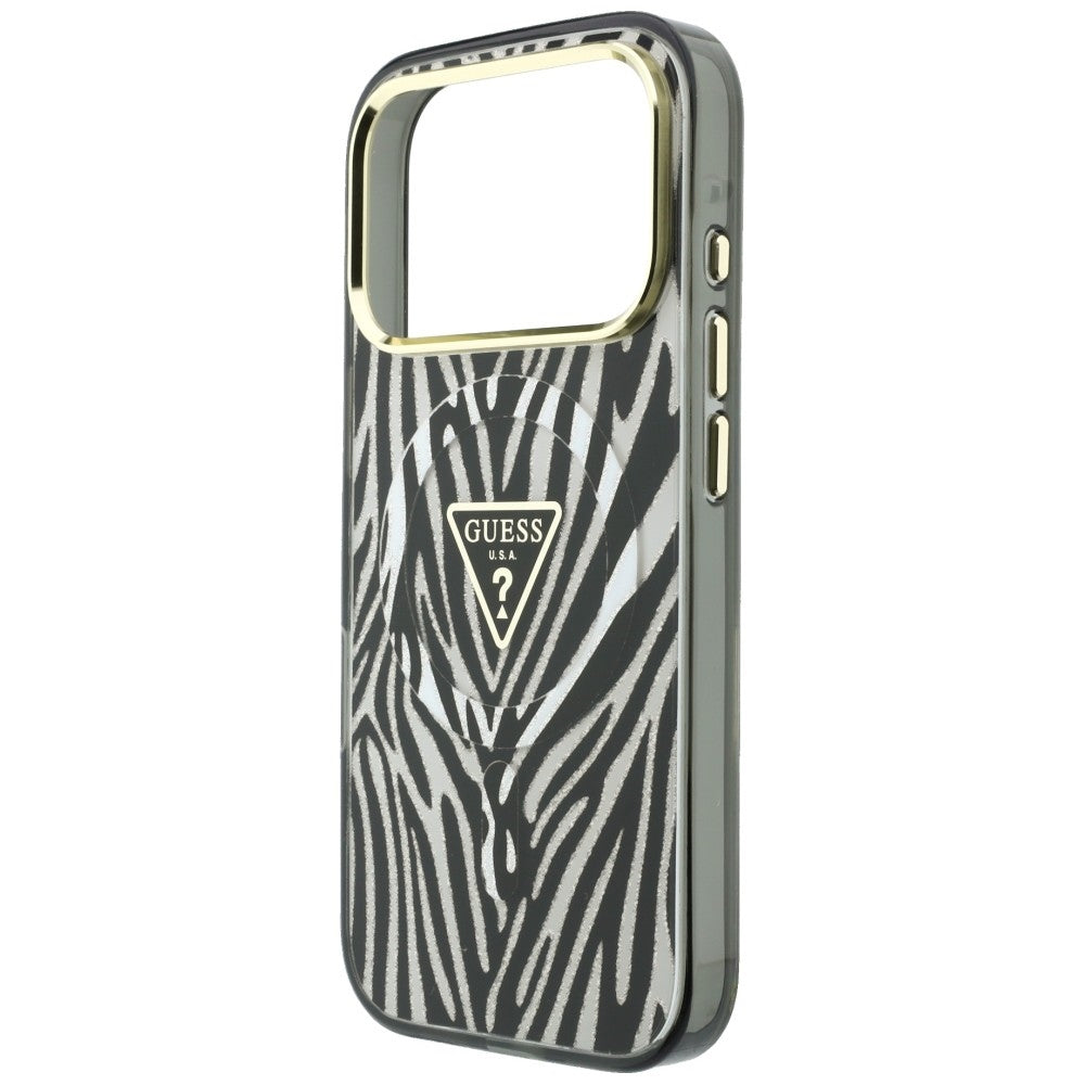 MagSafe-Hülle für Apple iPhone 18 Pro / 17 Pro, Guess, Zebra Glitter Dreieck Logo, Silber