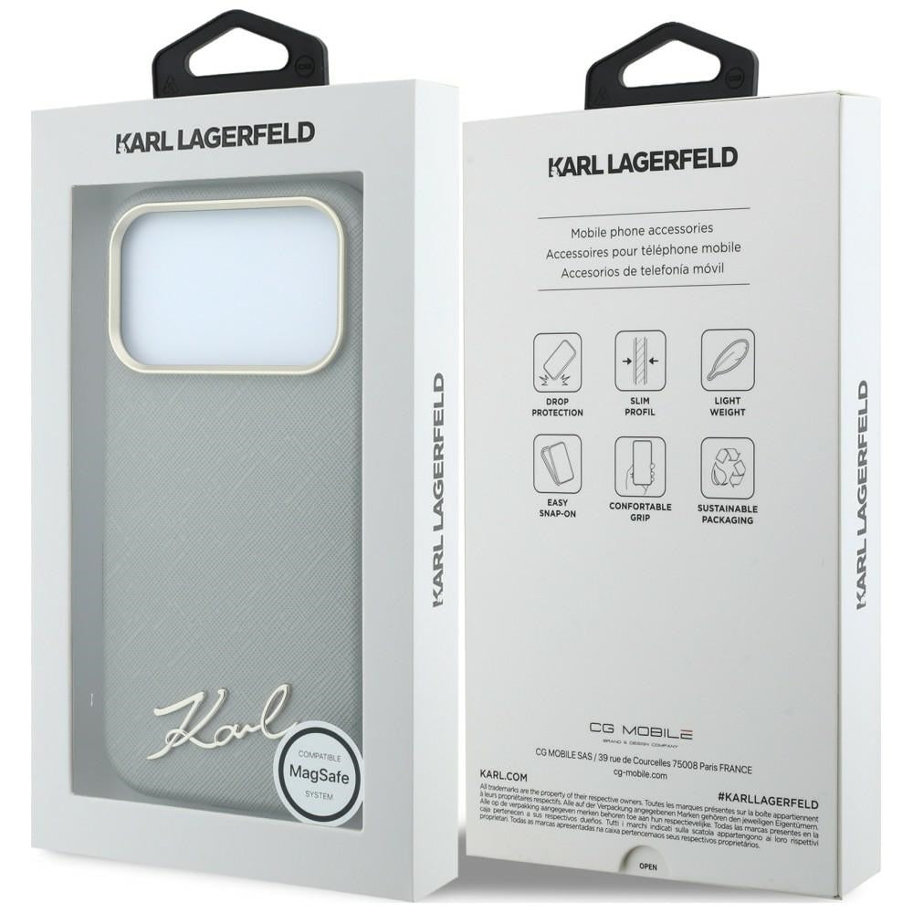 MagSafe-Hülle für Apple iPhone 18 Pro / 17 Pro, Karl Lagerfeld, Saffiano Small Script Metall-Logo, Grau Beige