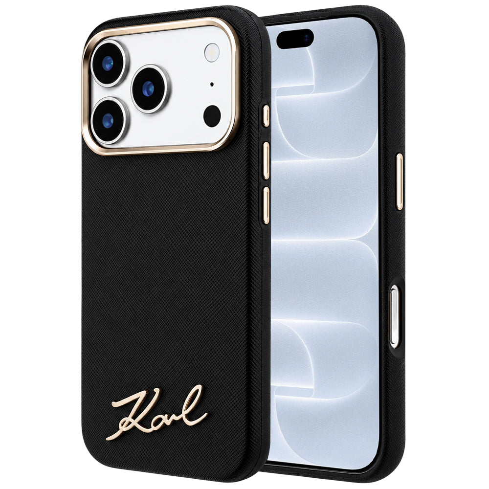 MagSafe-Hülle für Apple iPhone 18 Pro / 17 Pro, Karl Lagerfeld, Saffiano Small Script Metall-Logo, Schwarz