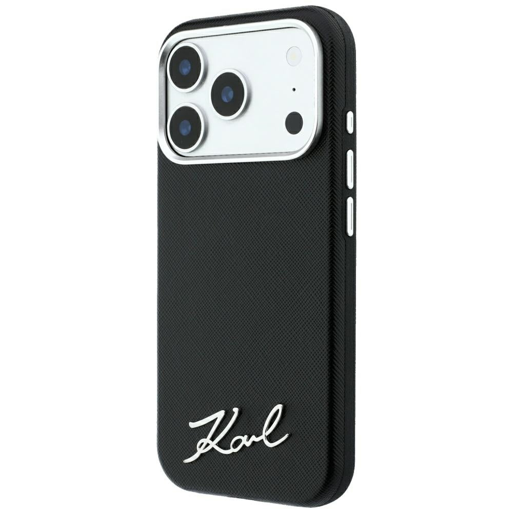 MagSafe-Hülle für Apple iPhone 18 Pro / 17 Pro, Karl Lagerfeld, Saffiano Small Script Metall-Logo, Schwarz