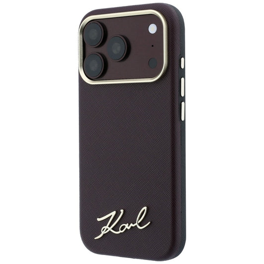 MagSafe-Hülle für Apple iPhone 18 Pro / 17 Pro, Karl Lagerfeld, Saffiano Small Script Metall-Logo, Weinrot