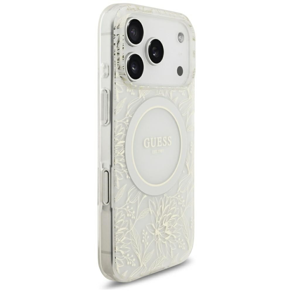 MagSafe-Hülle für Apple iPhone 18 Pro Max / 17 Pro Max, Guess, IML Flowers elektroplattiert mit Perlenriemen, Weiß
