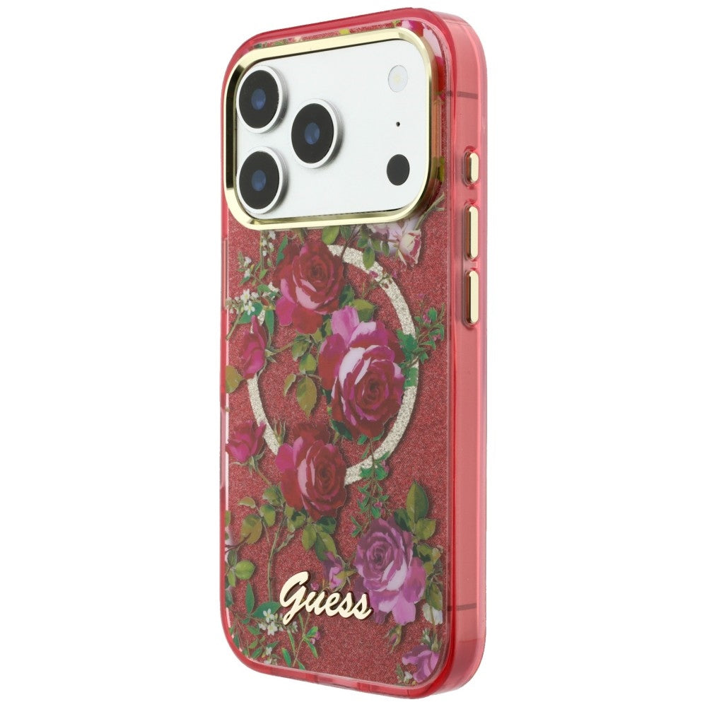 MagSafe-Hülle für Apple iPhone 18 Pro Max / 17 Pro Max, Guess, IML Glitter Blossom Roses, Weinrot