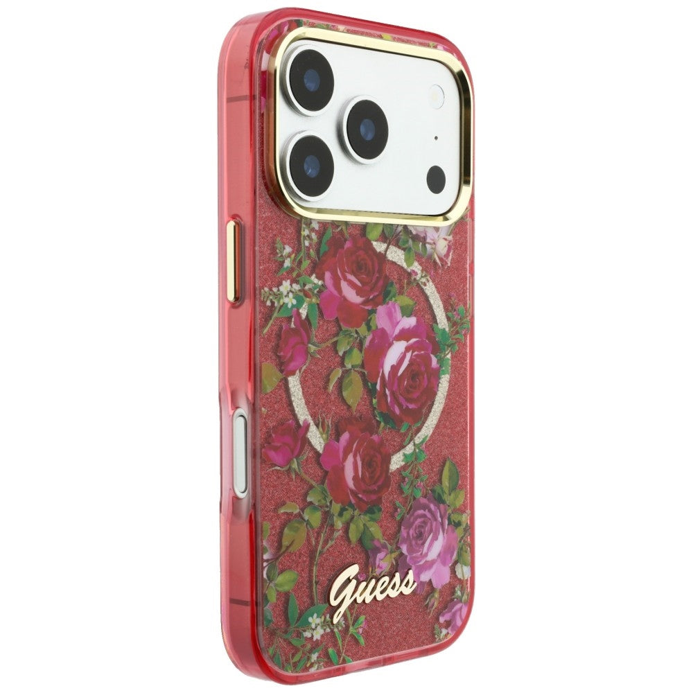 MagSafe-Hülle für Apple iPhone 18 Pro Max / 17 Pro Max, Guess, IML Glitter Blossom Roses, Weinrot