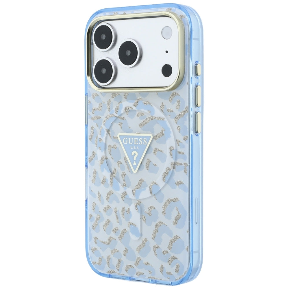 MagSafe-Hülle für Apple iPhone 18 Pro Max / 17 Pro Max, Guess, Leopard Glitter Dreieck-Logo, Blau