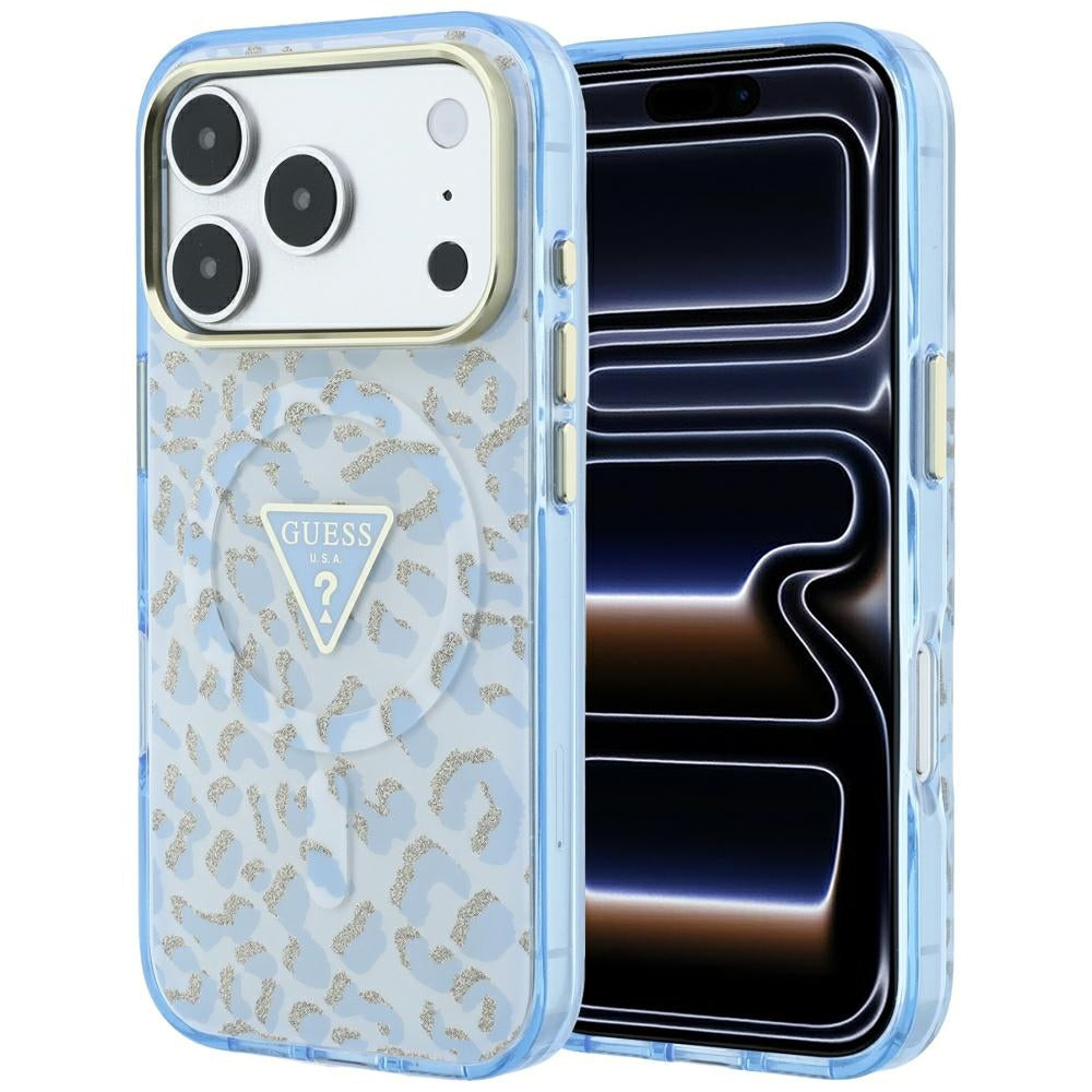 MagSafe-Hülle für Apple iPhone 18 Pro Max / 17 Pro Max, Guess, Leopard Glitter Dreieck-Logo, Blau
