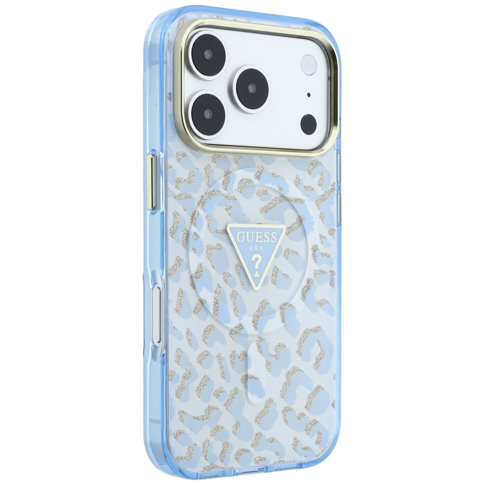 MagSafe-Hülle für Apple iPhone 18 Pro Max / 17 Pro Max, Guess, Leopard Glitter Dreieck-Logo, Blau