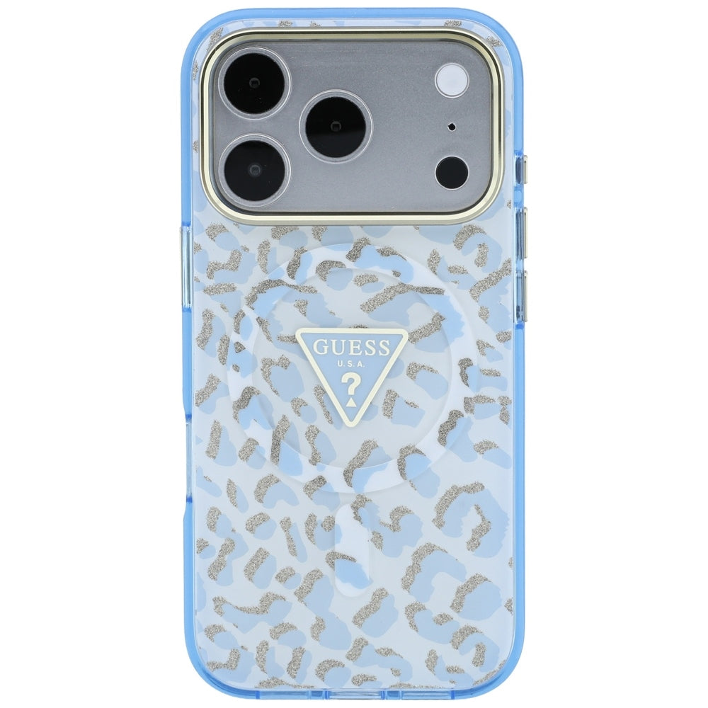 MagSafe-Hülle für Apple iPhone 18 Pro Max / 17 Pro Max, Guess, Leopard Glitter Dreieck-Logo, Blau