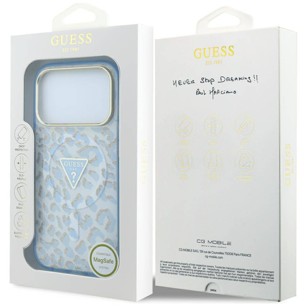 MagSafe-Hülle für Apple iPhone 18 Pro Max / 17 Pro Max, Guess, Leopard Glitter Dreieck-Logo, Blau